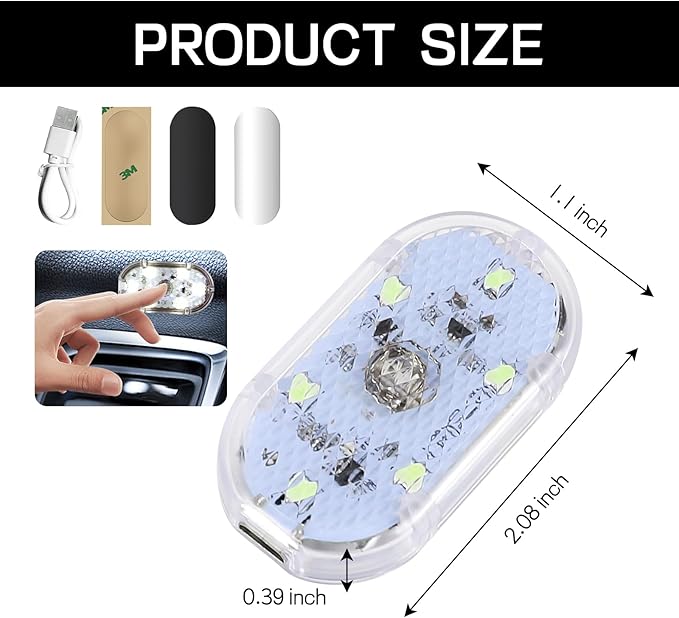 2 PCS Car LED Lights Interior Wireless, Super Bright Auto Interior Ambient Light with 6 Bright LED Lamp Beads, Portable USB Rechargeable Car Led Night Light for Vehicle Decor(White)