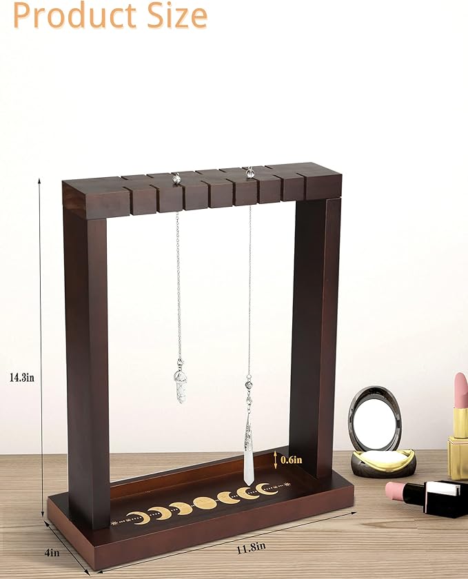 Moon Phase Pendulum Display Stand with Tray, Wood Wiccan Crystal Holder for Up 15 Pendulum, Witchcraft Supplies Witch Organizer for Incense Charging Necklace Healing Stone Gift Rack