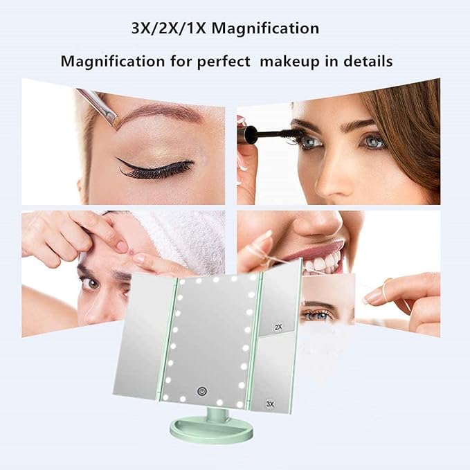 Flymiro Tri-fold Lighted Vanity Makeup Mirror with 3x/2x Magnification,Light up Mirror for Makeup,Touch Screen 21 LEDs,180° Rotation Countertop Cosmetic Mirror,Gifts for Women Mom Teen Girls