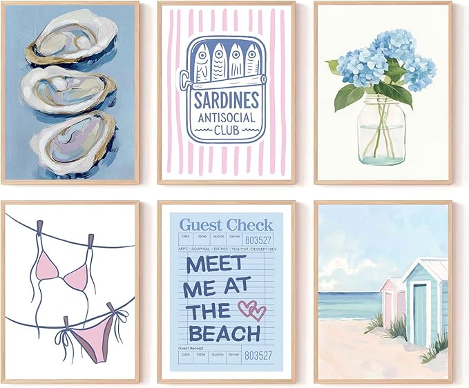 Zuowclli 6Pcs Preppy Coastal Wall Art Prints Pink Blue Coastal Granddaughter Wall Decor Pictures Summer Bikini Oysters Hydrangeas Beachy Aesthetic Posters for Girly Bedroom Dorm Apartment 12x16in