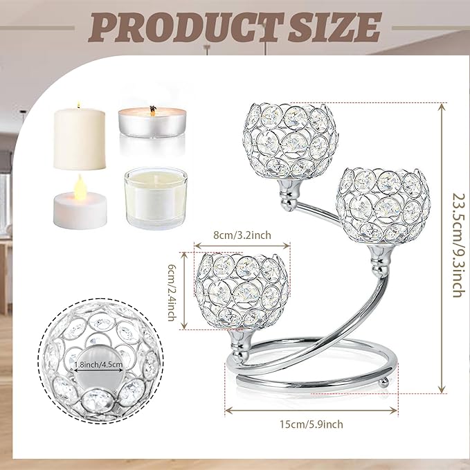 Metal Crystal Candle Holder Set of 3 - Elegant 5-Arm Metal Tea Light Centerpiece with Shining Crystal Bowl, Wedding Anniversary Table Decor for Dining, Party (Silver, 2 Pcs 3 Arm)
