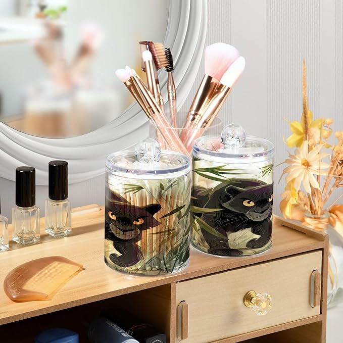 2 Pack Apothecary Jars,Panther in Jungle Grass Bathroom Vanity Storage Organizer Set,Small Clear Plastic Storage Jars Bathroom Canister for Cotton Swabs,Rounds,Balls,Qtips,Makeup Sponges