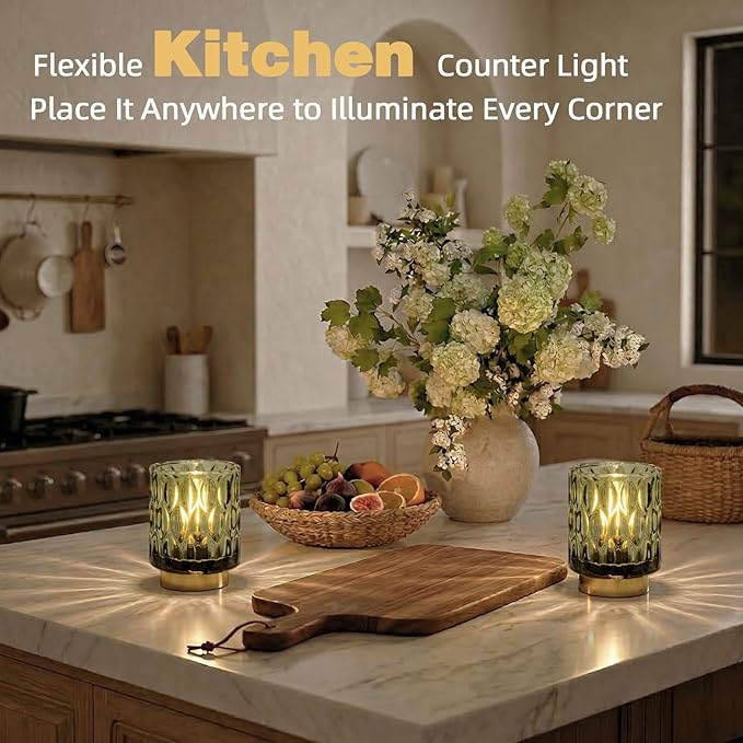 Battery Operated Table Lamps Timer, Mini Crystal Lamp for Area No Plug, Cordless Lamp with LED Bulb for Power Outage, Decorative Lamps for Tabletop/Corner/Entryway/Stairway/Bathroom (2 Green)