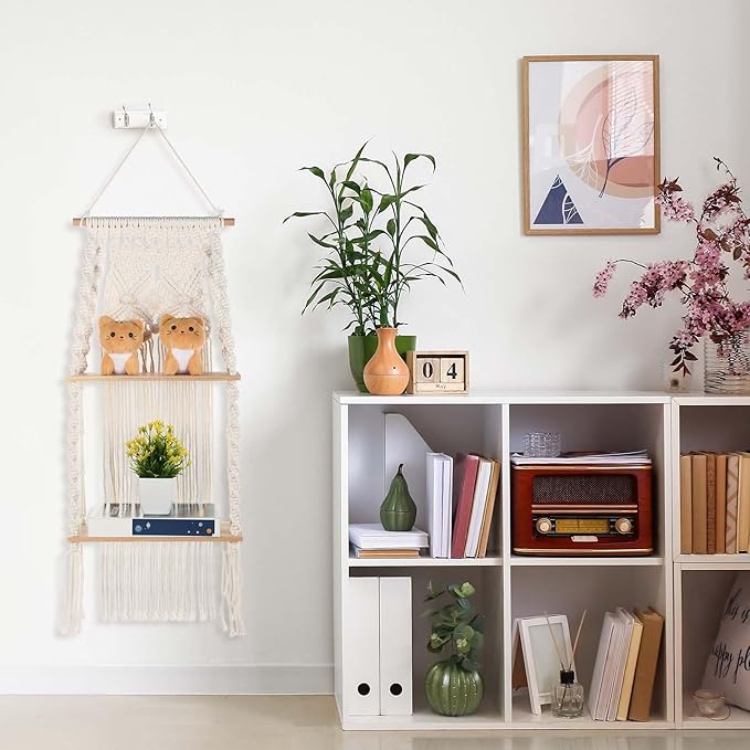 Barydat 2 Pack Macrame Wall Hanging Shelf 2 Tier Handmade Boho Hanging Wall Shelf Floating Woven Rope Decorative Storage Racks Holder Organizer for Home Bedroom Bathroom Plants, Beige (Elegant)