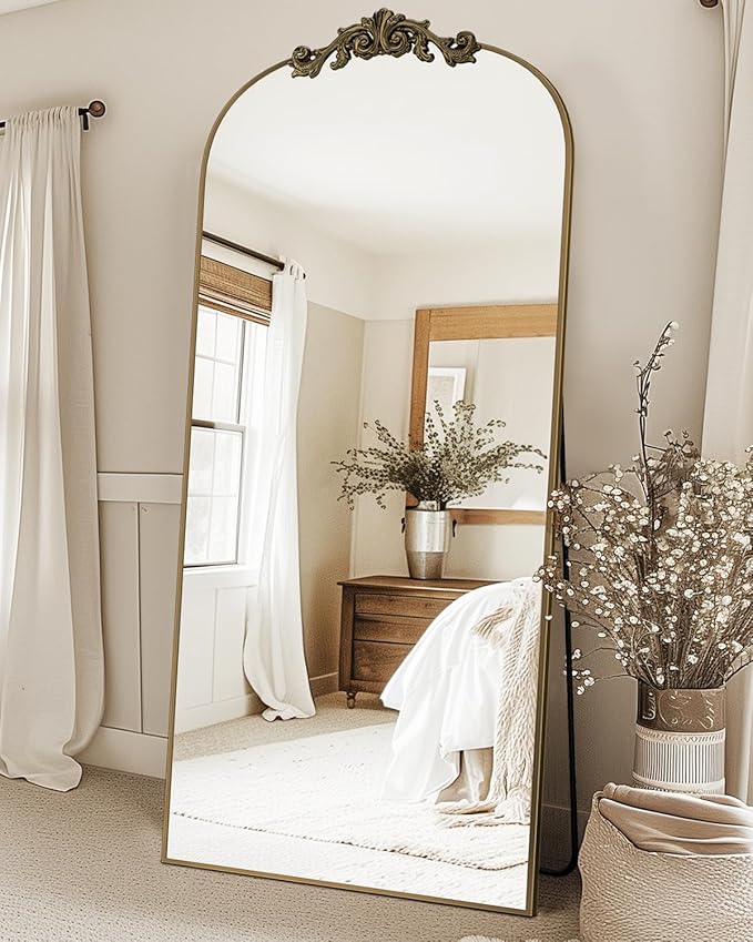 Vintage Full Length Mirror,76"x34" Arched Antique Floor Mirror with Carved Metal Frame,Large Standing Wall Mounted or Leaning Mirror for Bedroom Living Room Entryway,Bronze