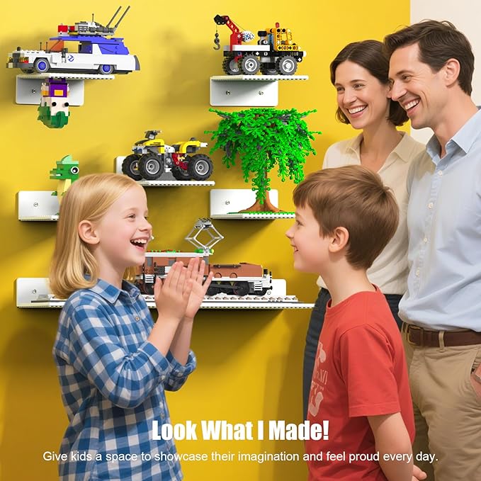 BlissBox 9-Pack Floating Shelves for Wall Compatible with Lego Building Bricks, 5x5.5inch Dual‑Sided 16x17 Studs for Toy Brick Storage and Display, ABS Display Shelves for Room Decor, White