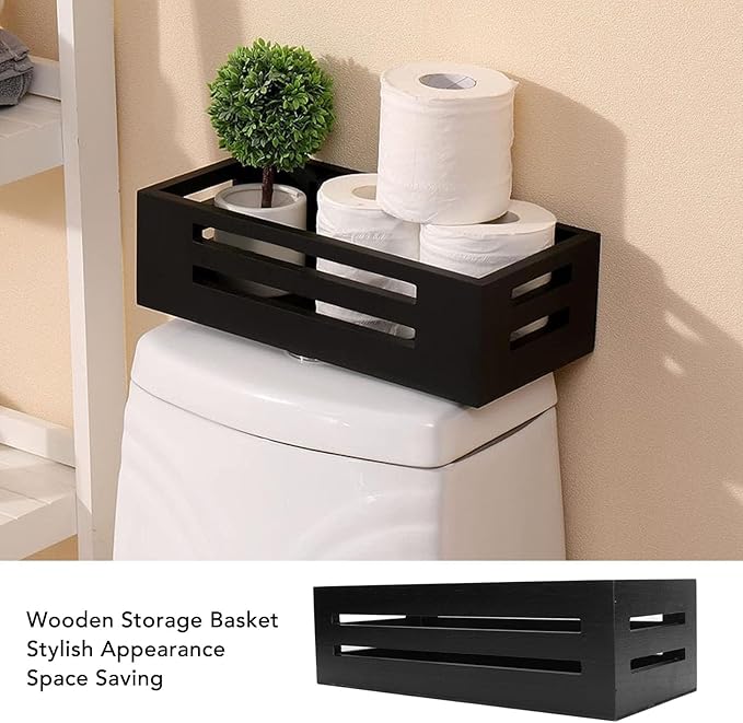 Asixxsix Wooden Storage Basket, 13 X 5.9 X 3.9in Multifunctional Storage Box, Space Saving, Decorative Farmhouse Wooden Crate for Bathroom Bedroom Pantry Toilet Paper (Black)
