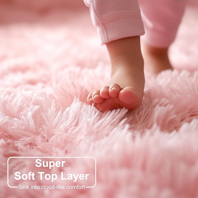 Pink Area Rugs for Bedroom Girls, Living Room Decor, Fluffy Fuzzy Shag Rug 4x6 for Kids Room, Soft Cute Indoor Floor Carpet for Baby, Teen, Nursery, Preppy Dorm, Playroom, Plush Aesthetic Bedside Rug
