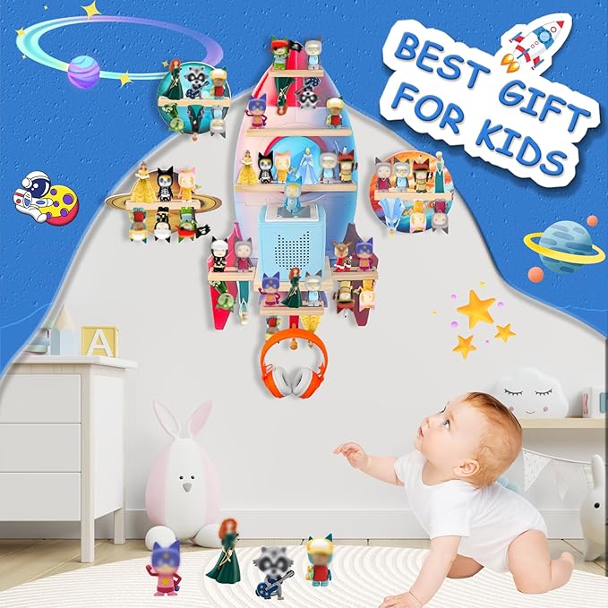 Taladad for Toniebox 2/1 Tonie Shelf Wall Mounted Set of 4,Tonies Figures Tonies Storage,Magnetic Wooden Floating Shelves Compatible with Tonie Box Player Character for Children Room
