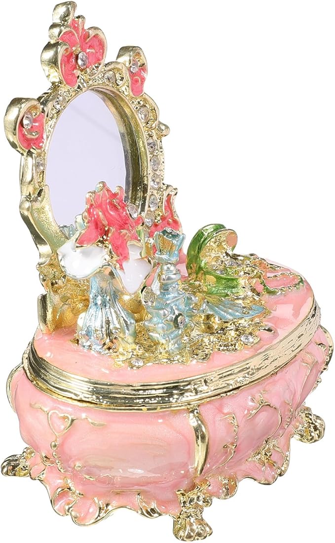 Beaupretty Enamel Jewelry Box Dressing Table Decor Metal Trinket Organizer with Hinged Lid for Women’s Rings Earrings Storage Makeup Room Accessory