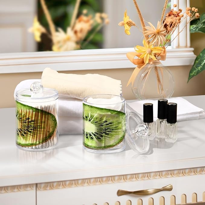 Nander 2Pack Fresh Kiwis Qtip Holder Dispenser -Clear Plastic Apothecary Jars Set - Restroom Bathroom Makeup Organizers Containers for Cotton Swab, Ball, Pads, Floss