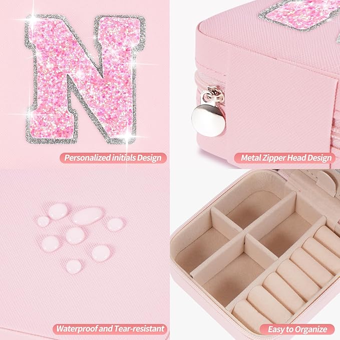 Uygafly Personalized Jewelry Case for Women Girls - Fashion Mini Jewelry Boxes - Trendy Travel Jewelry Organizer with Initials Letter - Teen Gifts | Pink,N