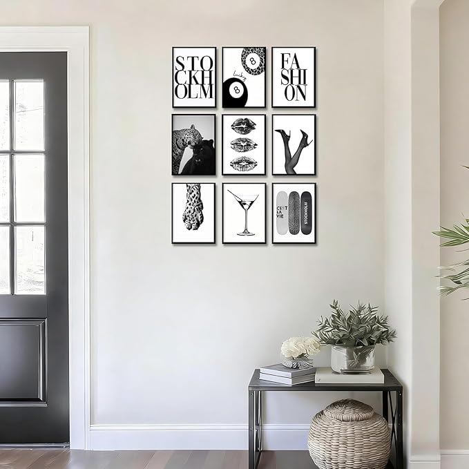 LOARTVE 9Pcs Black and White Fashion Wall Art Prints Trendy Leopard Stockholm Cocktail Lucky 8 Ball Pictures Wall Decor Preppy Aesthetic Posters for Girls Bedroom Dorm Apartment Unframed 8x10in