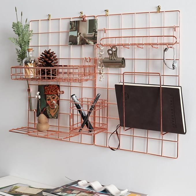 Metal Mesh Wall Grid Panel for Photo Display,Message Board,Size: 17.5" x 11.8",Pack of 2 (Rose Gold)