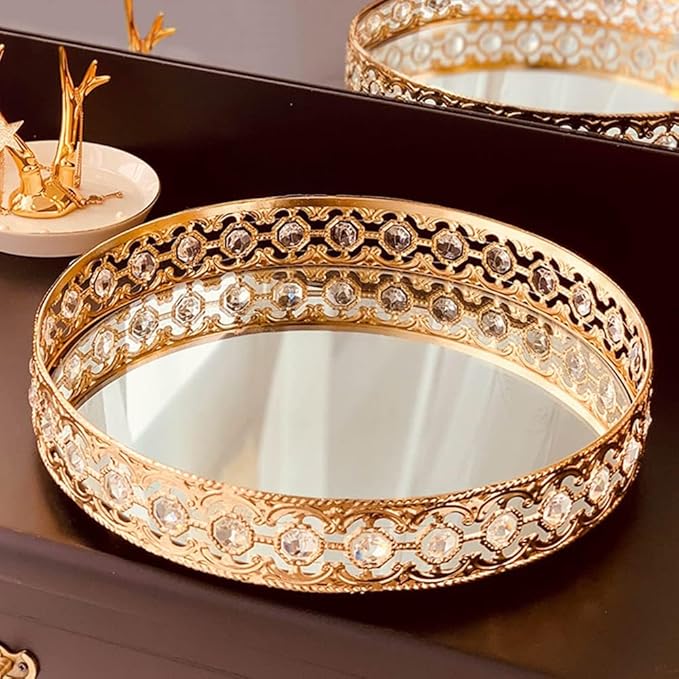 Round Gold Mirror Coffee Table Tray - Decorative Organizer for Perfume, Makeup, Vanity, Dresser Tops (11.8 in)