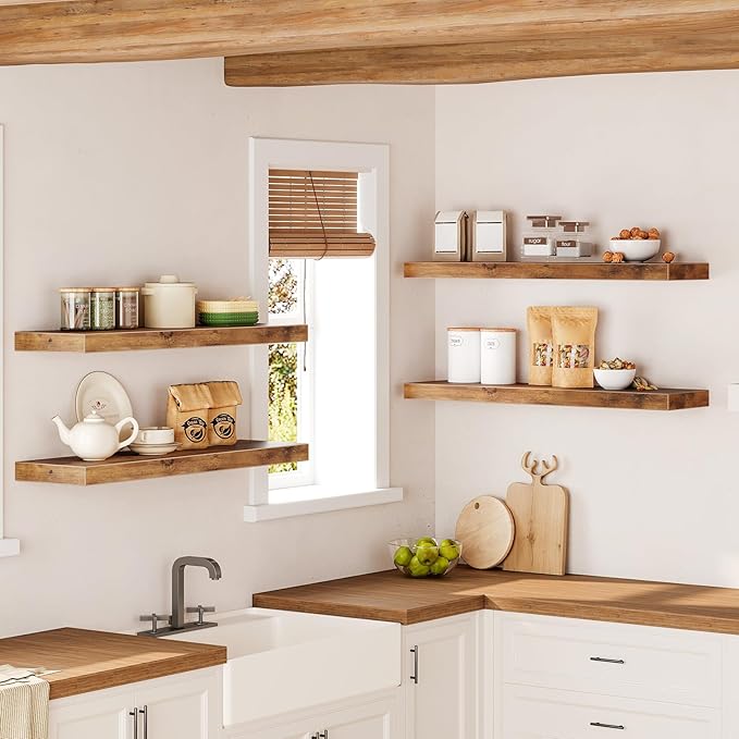 RALGEND Floating Shelves for Wall, 31.5" Long Wall Shelf Set of 4 with Invisible Brackets, 1.5" Thick Hanging Shelves Farmhouse Home Decor for Bathroom, Living Room, Bedroom, Rustic Brown 8301BJP4BF