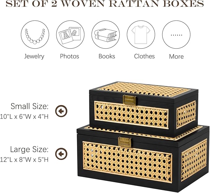 2PCS Rattan Storage Boxes Decorative Handmade Natural Wood Baskets with Lid Wooden Frame Boho Rustic Wicker Box Woven Cane Bins Shelf Closet Organizer Container (Black, 1 Large 1 Small)