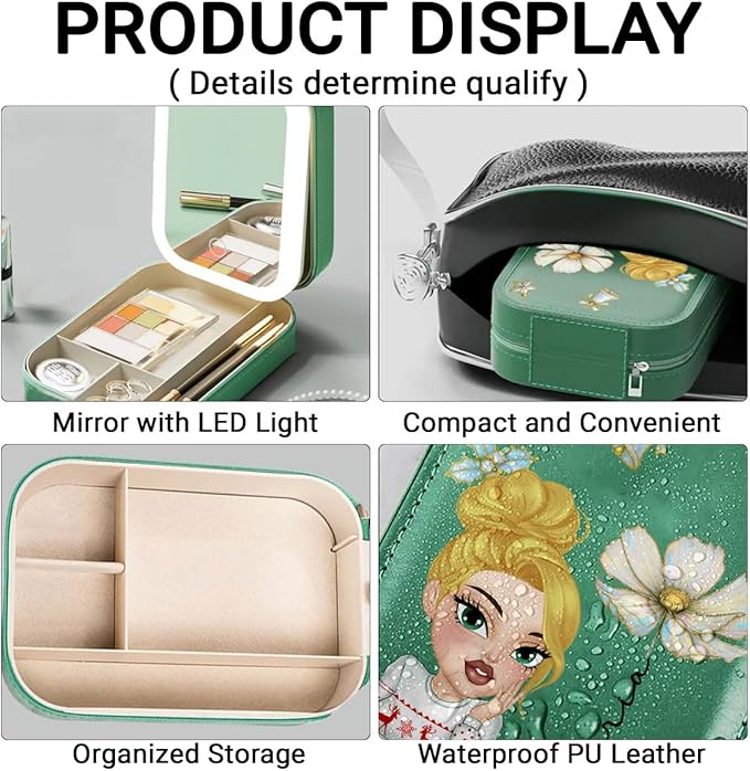 Wrappiness Floral Makeup Box Gifts for Girl Woman - Bloom Heart Personalized Jewelry Box with LED Mirror – Elegant PU Leather Storage for Women, Girls, Sisters, Granddaughters