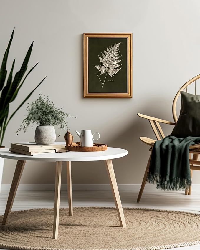 Bzstyleart Vintage Wall Art Decor Bedroom, Vintage Gold Framed Artwork, Fern Leaves Botanical wall Art Living Room, Canvas Picture Painting Room Decor Aesthetic, 12 x 16 Inch