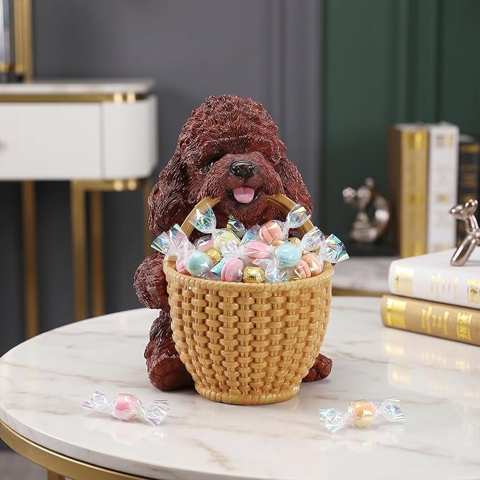 Dog Resin Storage Basket, Desktop Organizer for Remote & Keys, Cute Home Decor Tray, Ideal present for Pet Lovers.(Brown Poodle Biting Basket)