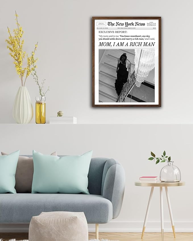 EcoHest Trendy Newspaper Framed Wall Art, Walnut Color 12x16 in OAK Wood Mom I Am a Rich Man Canvas Art, Magazine Girly Poster College Dorm Decor, Set of 1 for Bedroom Living Room