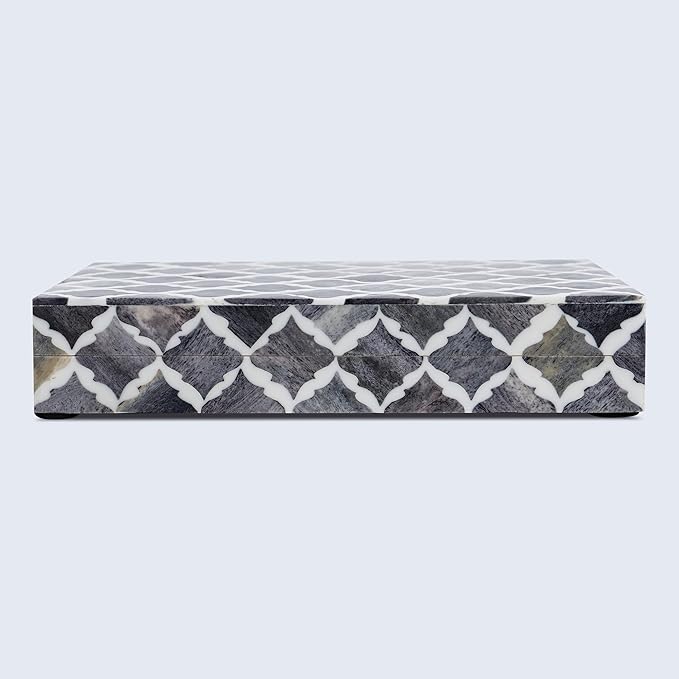Handicrafts Home Decorative Storage Box with Lid, Moroccan Photo Storage Box Organizer, Flat Keepsake Document Box, Bone & Resin Inlay Wooden Desk Shelf Storage, Gray, 6x8x1.5, Moroccan Collection