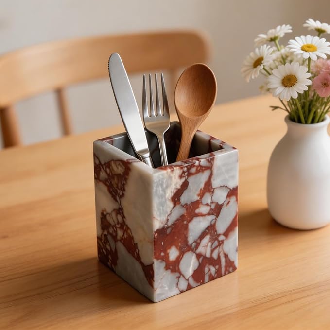 Natural Marble Stone Square Storage Container Empty Vessel Holder Cup for Candle/Pens/Sundries items (Calacatta Red)