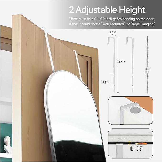 SCWF-GZ 57x20 Door Hanging Full Length Mirror, Floor (Height 5.7ft just Body in1.3ft) Wall Mounted Metal Frame Arch Dressing Mirrors for Bedroom Bathroom Living Room 57 inch Silver