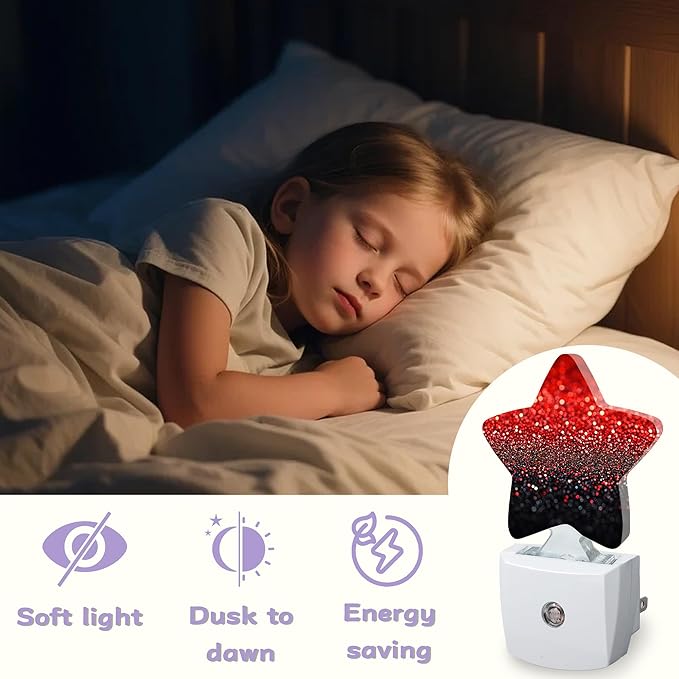 Red Black Night Lights Plug Into Wall,Glitter Sparkling Dusk to Dawn Light Sensor Night Light for Kids,Energy Efficient Sleep Friendly Lamp for Bedroom Bathroom Nursery