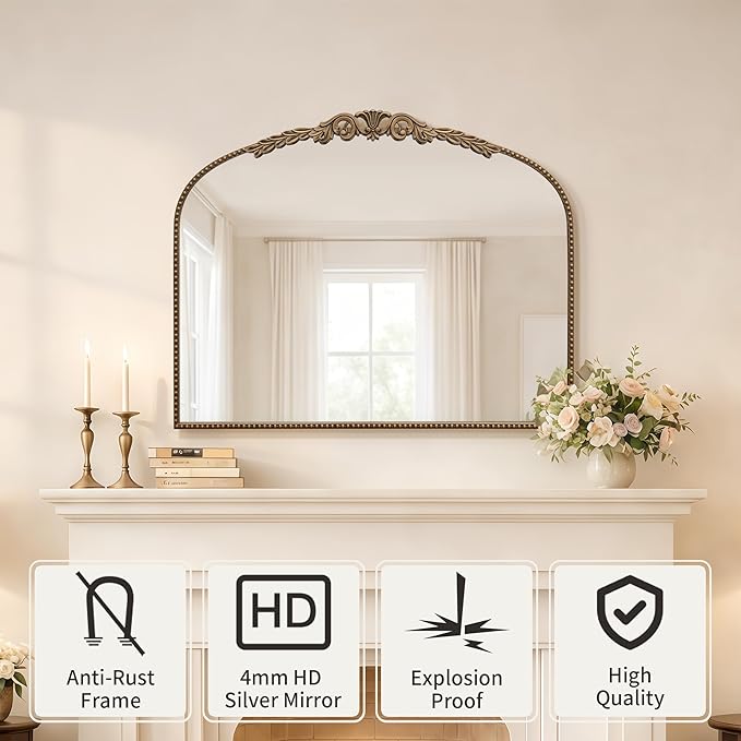Besdomus Large Gold Vintage Mirror: 29"x 36" French Baroque Bathroom Mirror - Traditional Ornate Antique Arched Mirrors for Wall/Dresser/Mantel/Bedroom/Entryway/Hallway - Home Decor for Living Room