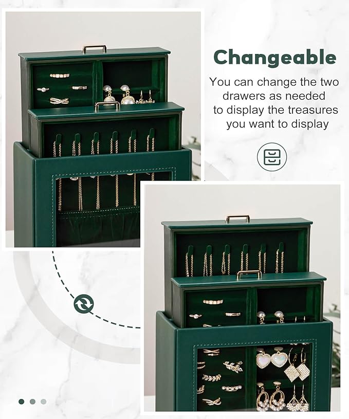 Homde Mothers Day Gifts Jewelry Organizer Girls Women Jewelry Box for Necklaces Rings Earrings Gift Bracelets Storage Case (Forest Green + Gold)
