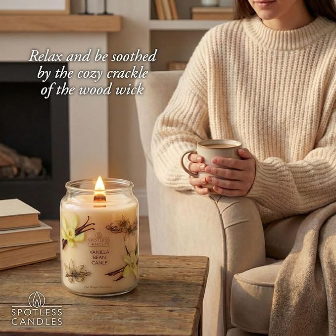 Candle Vanilla Bean 22oz with Wooden Wick in a Presentation Gift Box & Protective Shipper - Vanilla Scented Candles - Large Jar Candles