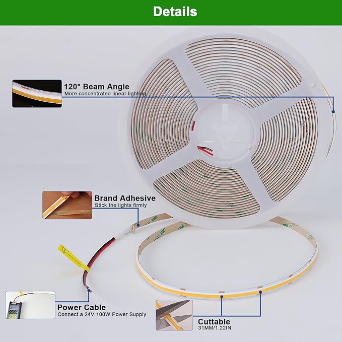JOLIT 24V COB LED Strip Lights 32.8ft/10M Natural White 4000K 120 Degree Beam Angle, CRI 90+ 384LEDs/M High Density 7650LM Bright Uniform Indoor Adhesive LED Tape for Bedroom, Living Room, Office