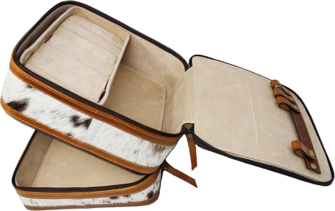CHALLENGER Women's Western Handcrafted Deluxe Floral Tooled Cowhide Dual Jewelry Cosmetic Organizer Travel Case Box 18RSJ06