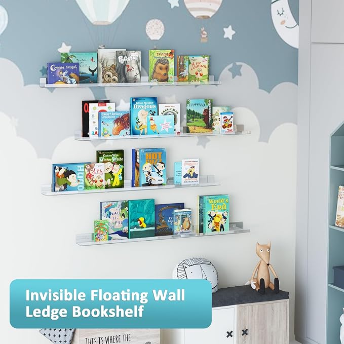 Albumgit 6 Pack Acrylic Shelves for Wall Storage, Self-Adhesive 15" Clear Floating Shelf for Figures, Photo, Makeup, Book, Wall Mounted Shelves for Bathroom, Living Room, Bedroom, Kitchen