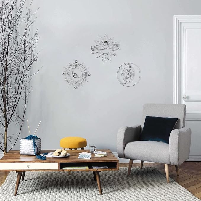 Silver Metal Wall Art, Abstract Sun Moon Star Decor, Modern Line Art Valentine Decorations, Mystical Star Circle Planet Handmade Wall Valentine Decor for Living Room Kitchen Office 9 inch
