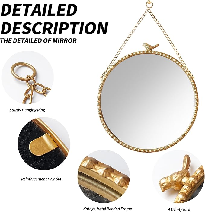 9.8 Inch Small Vintage Gold Round Wall Mirror with Sparrow Design-Iron Framed Mirror for Bathroom, Bedroom Or Dressing Room-Small Wall Mounted Mirror with Metal Bead Accents