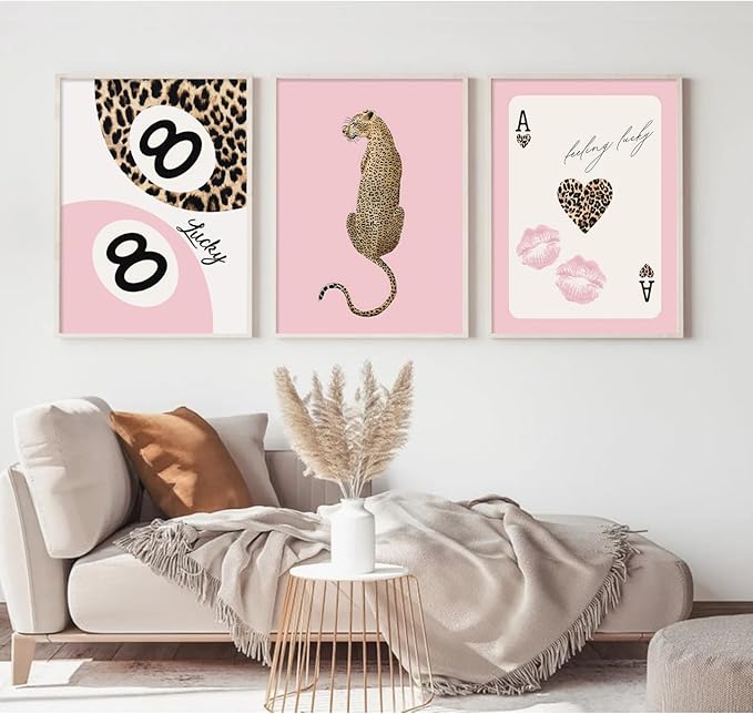 Lhoiplme Cheetah Trendy Wall Art Preppy Leopard Canvas Print Cheetah Room Wall Decor 8 Ball Poster Y2k Pink Coquette Luxury Print Lucky Aesthetic Fashion Pictures for Bedroom 24x36x3 Inch Unframed