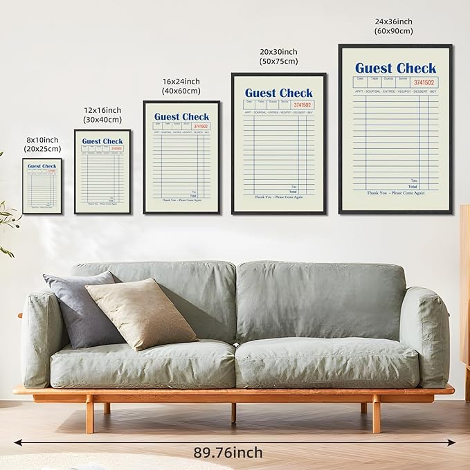 Licpach Blank Guest Check Kitchen Wall Art Retro Restaurant Blue Guest List Canvas Print Funny Poster Trendy Minimal Receipt Sheet Painting for Dining Room Cafe Coffee Bar Decor 8x12inch Black Frame