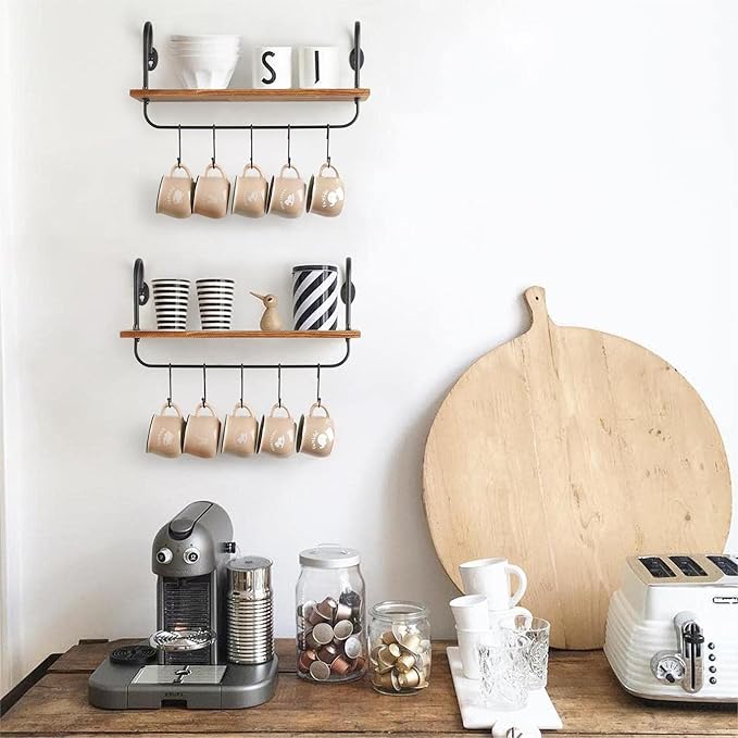 Olakee Floating Wall Shelves for Kitchen Bathroom Coffee Nook with 10 Adjustable Hooks for Coffee Mugs, Coffee Bar Organizer and Decor, Rustic Storage Shelves Set of 2