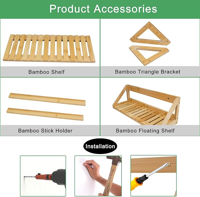 Floating Shelves Wall Mounted, 3 Pcs Solid Bamboo Wall Hanging Rack Holder, Wall Storage Shelves for Bedroom, Living Room, Bathroom, Kitchen, Office Decor