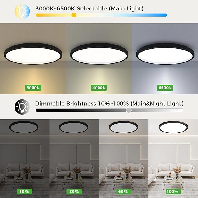 zemty 19 Inch LED Ceiling Lights with Night Light 1800K, 36W 3600lm Light Fixtures with Remote Control, 3000K-6500K Adjustable, Dimmable Low Profile Ceiling Lamp for Bedroom Dining Room Kitchen-Black