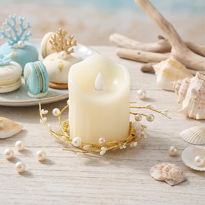 Daifunli 2 Pcs Pearl White Berry and Pip Gold Wire Candle Rings Vintage Pip Berries Wreaths for Pillar 3.9 Inch Candles Holder for Summer Ocean Beach Rustic Table Centerpiece Decor