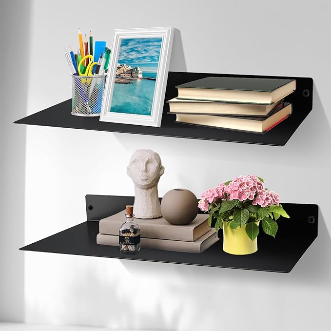RealPlus Metal Floating Shelf 16.8" x 8" Modern Heavy Duty Steel Wall Mount Shelf, Black (Pack of 2)