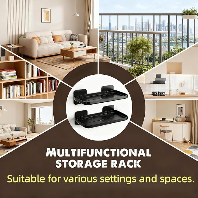 HINIHAO 2pc Wall Mounted Floating Shelf, Self Adhesive Small Shelf, No Drill Shelves for Wall, Floating Shelves Damage-Free Expand Walls Space for Living Room Kitchen Bathroom (Black)