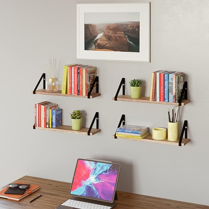 Wallniture Ponza Floating Shelves Wall Mounted Set of 4, Wall Shelves for Bedroom, Bathroom, Living Room, Kitchen, Natural Burnt Rustic Wood Board with Metal Floating Shelf Bracket