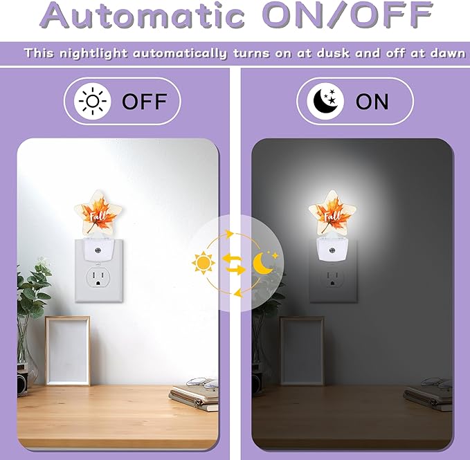 Nightlight,Maple Leaf Decorative Night Lights Plug Into Wall,Watercolor Orange Night Light with Auto Sensor for Bedroom,Nursery,Hallway,Stairway,Gifts