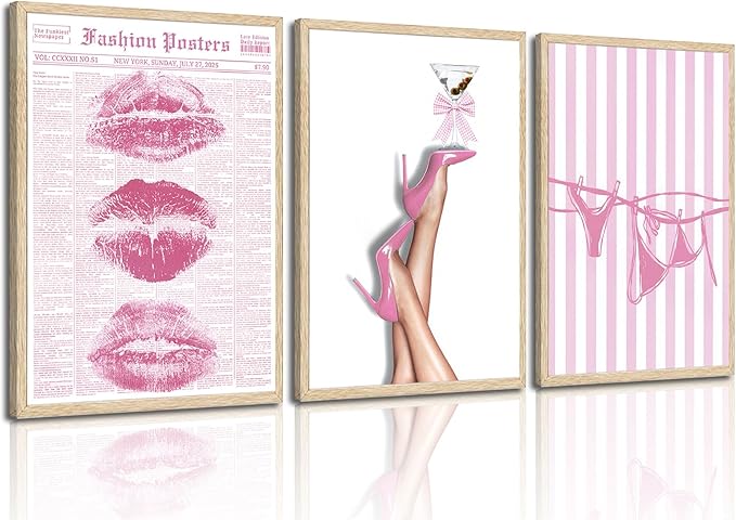 3Pcs Trendy Coquette Wall Art Pink Lips Bikini & Bow Heels Wall Decor Pictures Vintage Martini Newspapaer Canvas Posters Prints for Y2K Girly Room Dorm Apartment Preppy Aesthetic Decor 16x24in