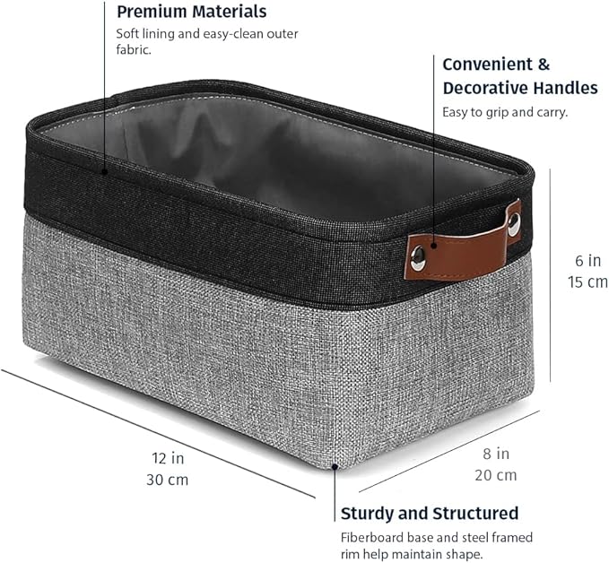 OrganiHaus Small Fabric Storage Baskets 6 Pack, 12x8in Cloth Storage Bins for Shelves, Small Baskets for Organizing Pantry Closet, Canvas Shelf Baskets, Gray/Black