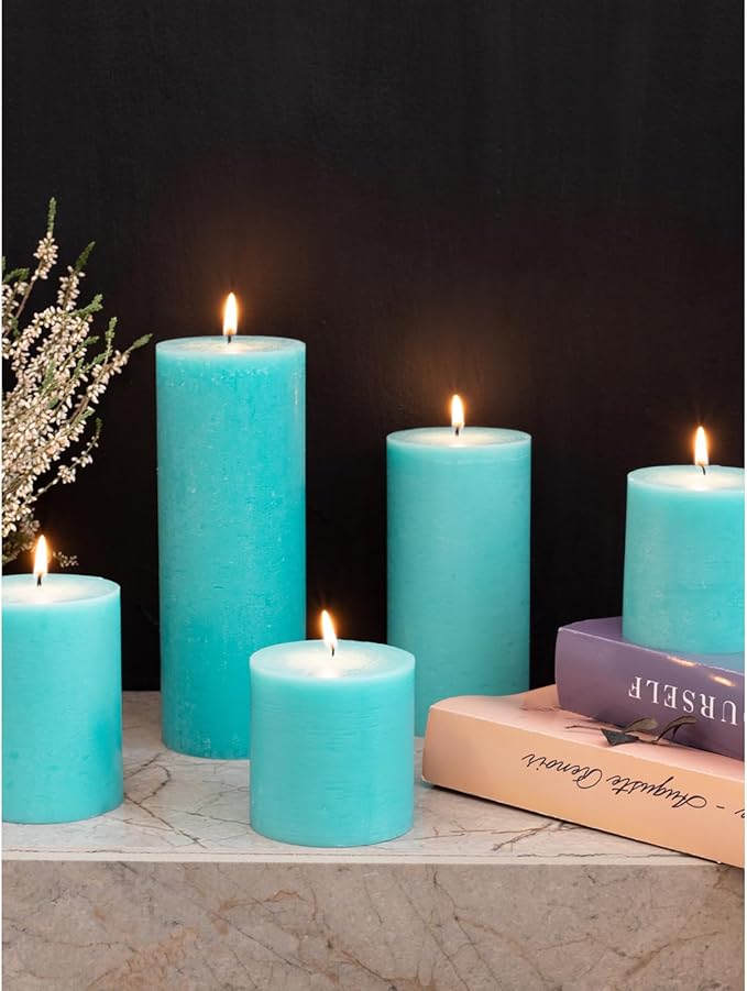 CANDWAX Turquoise Pillar Candles 3x8 Inch – Set of 2 Unscented Dripless Large Candles, Rustic Finish for Weddings, Home Decor, Events